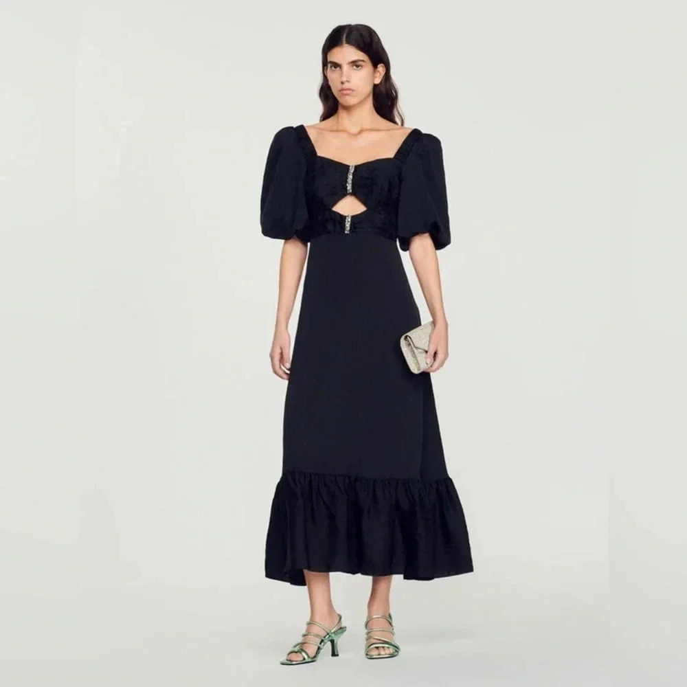 NWT Sandro Paris Falbala Rhinestone
Embellished Cutout Black Midi Dress